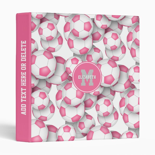 pink white soccer balls pattern girls sports 3 ring binder (Front/Spine)