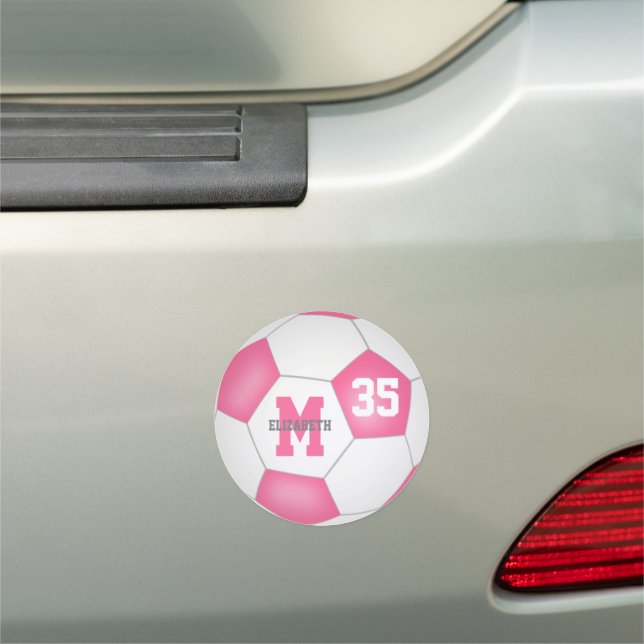 pink white soccer girls name jersey number car magnet (In Situ)