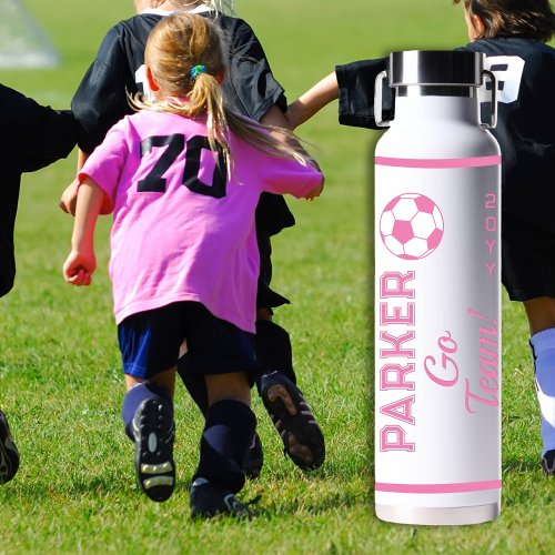 Pink White Soccer Name  Go Team Sports Water Bottle