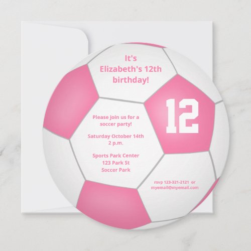 pink white soccer themed birthday party announcement