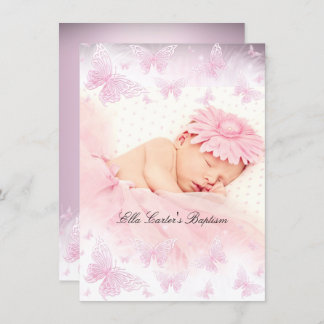 Pink White Sparkle Butterfly Baptism Christening Invitation