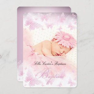 Pink White Sparkle Butterfly Baptism Christening Invitation