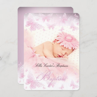 Pink White Sparkle Butterfly Baptism Christening Invitation