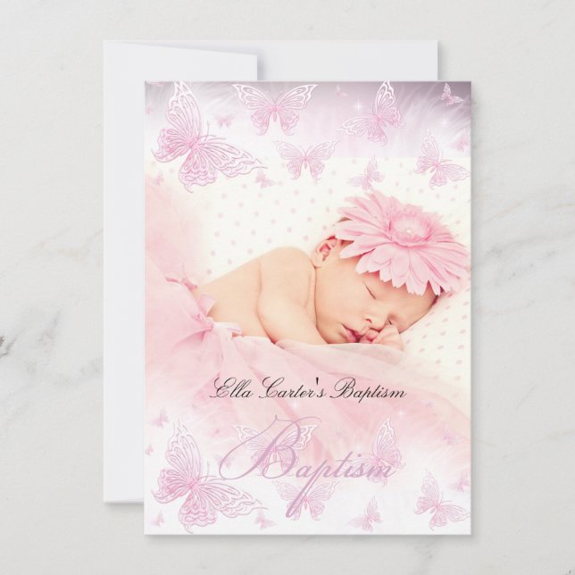 Pink White Sparkle Butterfly Baptism Christening Invitation (Front)