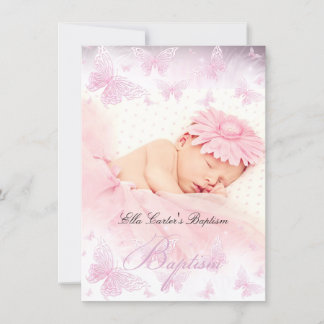 Pink White Sparkle Butterfly Baptism Christening Invitation