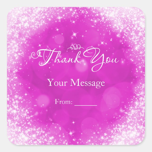 Pink & White Sparkle Cinderella Thank You Square Sticker (Front)