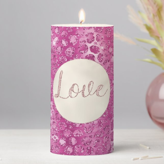 Pink White Sparkle Leopard Print Love Pillar Candle (In Situ)