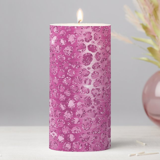 Pink White Sparkle Leopard Print   Pillar Candle (In Situ)
