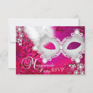 Pink White Sparkle Mask Masquerade Party RSVP Card