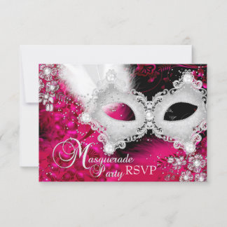 Pink White Sparkle Mask Masquerade Party RSVP Card