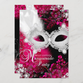 Pink & White sparkle Mask Masquerade Sweet 16 Invitation