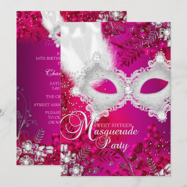 Pink & White sparkle Mask Masquerade Sweet 16 Invitation (Front/Back)