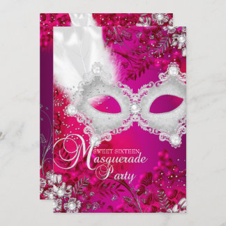 Pink & White sparkle Mask Masquerade Sweet 16 Invitation