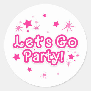 Pink & White Sparkle Stars Let's Go Party Birthday Classic Round Sticker
