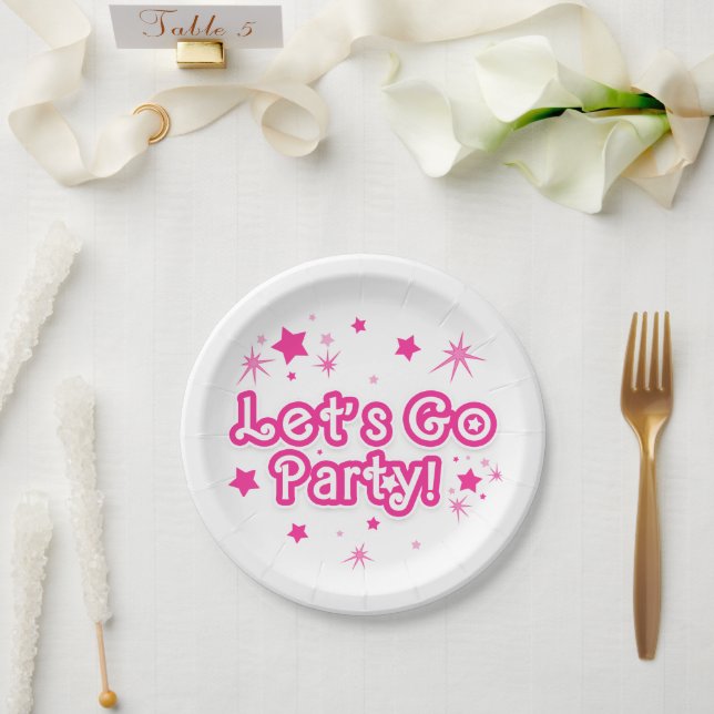 Pink & White Sparkle Stars Let's Go Party Birthday Paper Plates (Wedding)