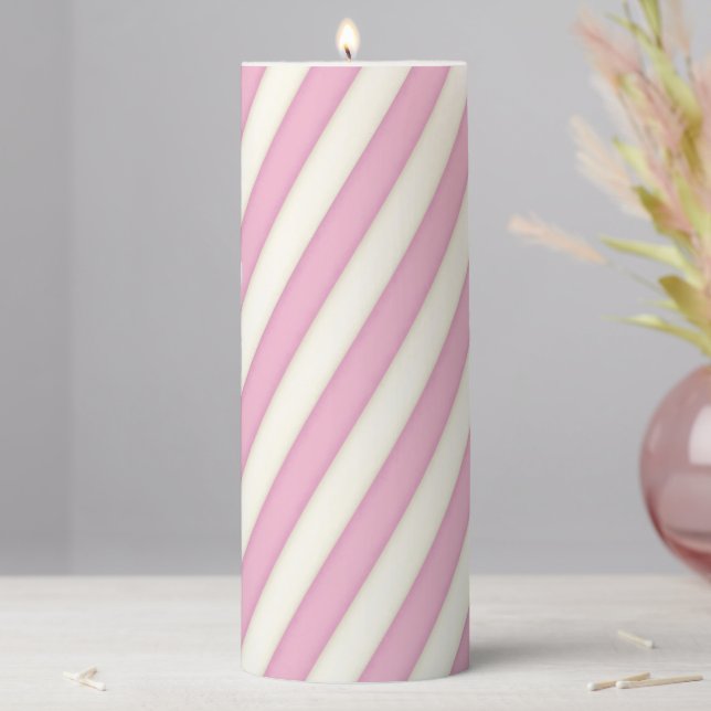 Pink & White Spiraling Stripes Pillar Candle (In Situ)