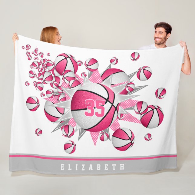 pink white sports room girls basketball blowout fleece blanket (In Situ)