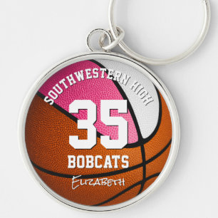 pink white sports team name girls basketball keychain