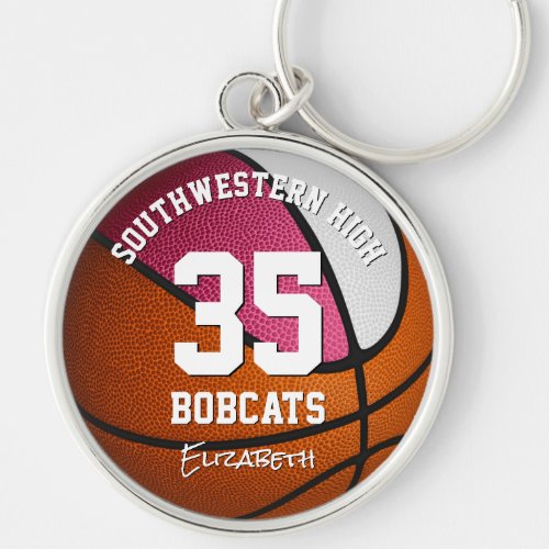 pink white sports team name girls basketball keychain