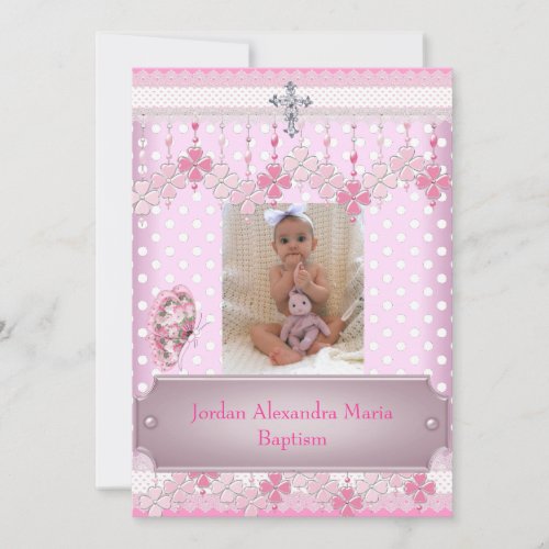 Pink White Spot  Photo Frame Cross Baptism 2 Personalized Invitation