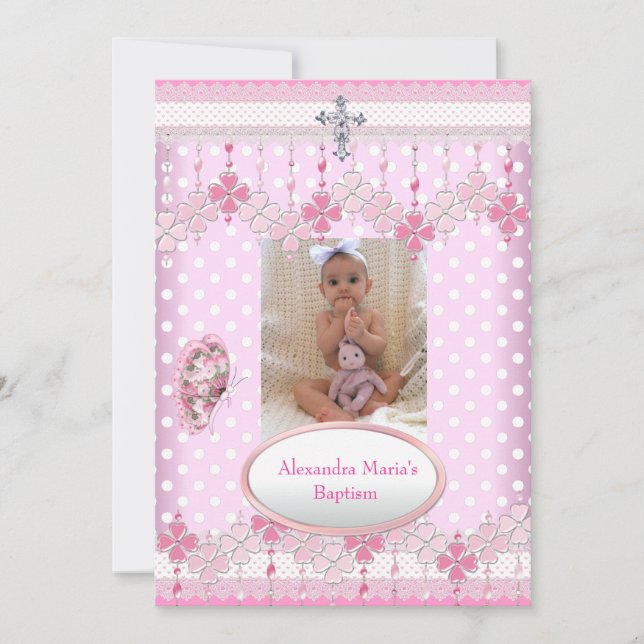 Pink White Spot  Photo Frame Cross Baptism 3 Invitation (Front)