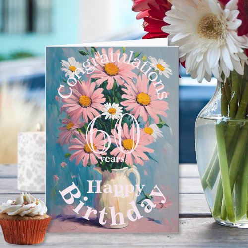 Pink White Spring Daisy Flowers in Vase Birthday Card