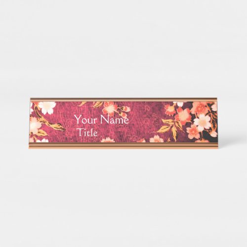 PINK WHITE SPRING FLOWERS  ANTIQUE RED FLORAL DESK NAME PLATE