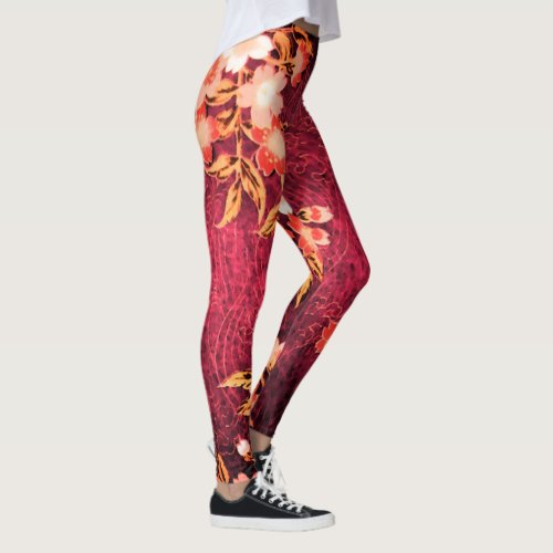 PINK WHITE SPRING FLOWERS ANTIQUE RED FLORAL  LEGGINGS
