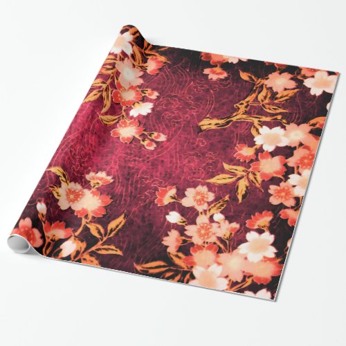 PINK WHITE SPRING FLOWERS ANTIQUE RED FLORAL WRAPPING PAPER