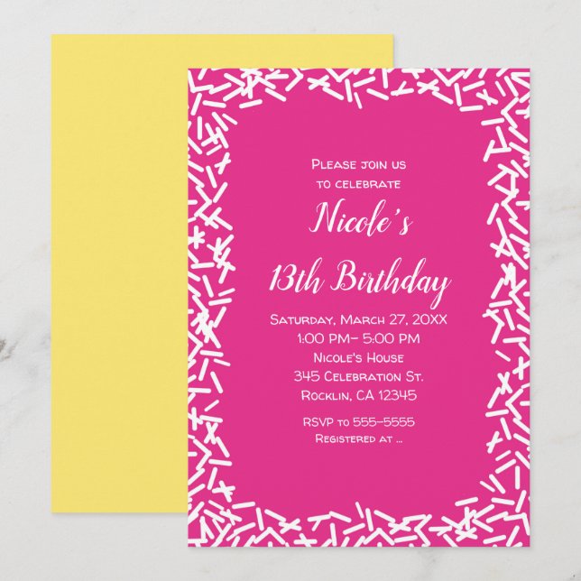 Pink & White Sprinkles Cute Birthday Party Invitation (Front/Back)