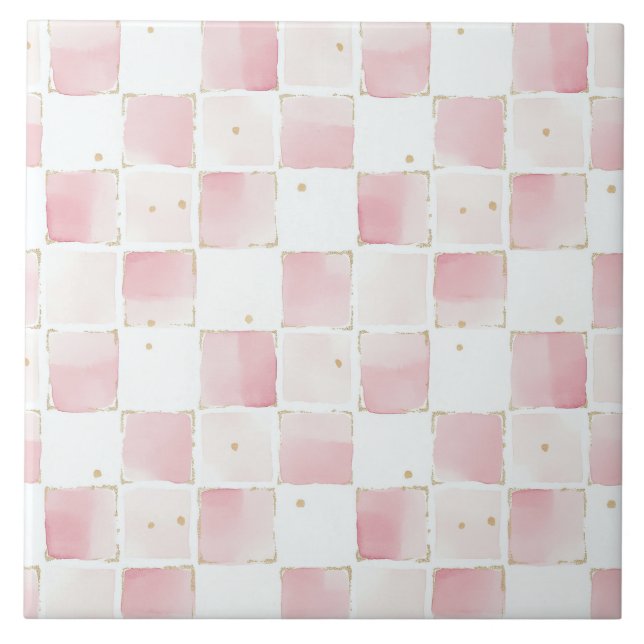 Pink White Squares Ceramic Tile (Front)