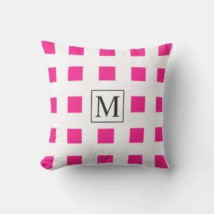Pink White Squares Geometric Patterns Monogram Outdoor Pillow
