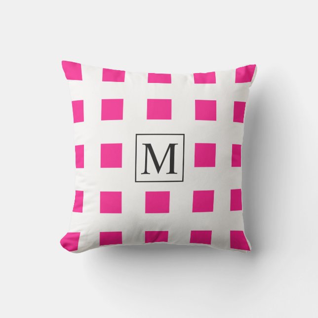 Pink White Squares Geometric Patterns Monogram Outdoor Pillow (Front)