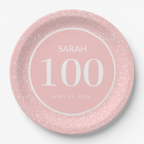 Pink White Stardust Glitter 100th Birthday Party Paper Plates