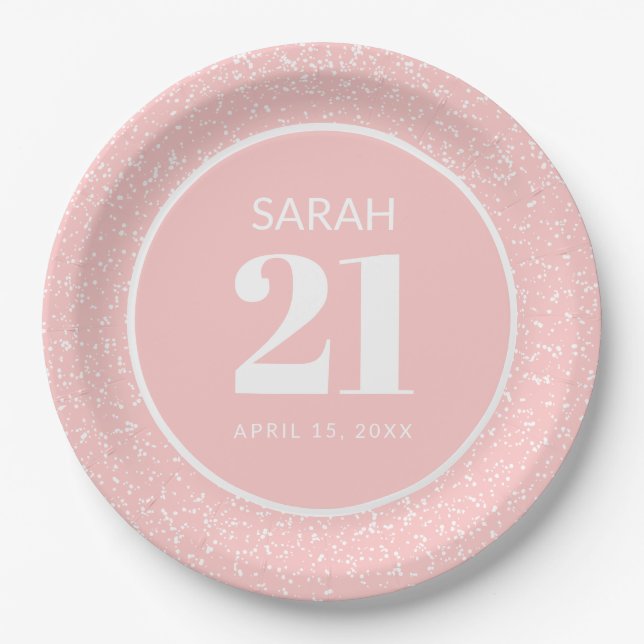 Pink White Stardust Glitter 21st Birthday Party Paper Plates (Front)