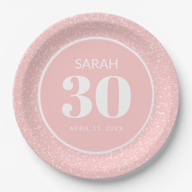 Pink White Stardust Glitter 30th Birthday Party Paper Plates (Front)