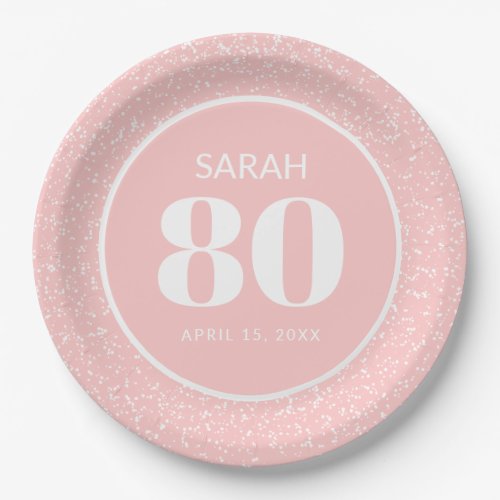 Pink White Stardust Glitter 80th Birthday Party Paper Plates