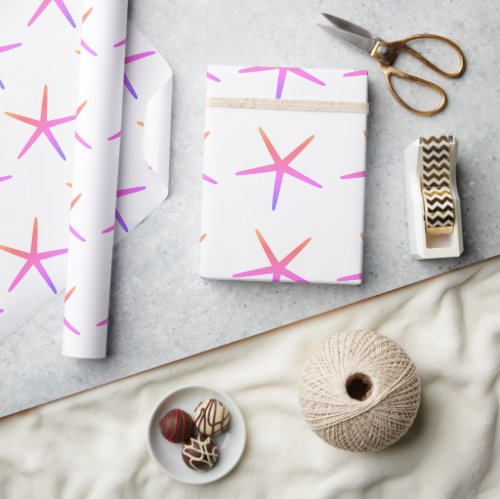 Pink White Starfish Pattern Christmas Holiday 2022 Wrapping Paper