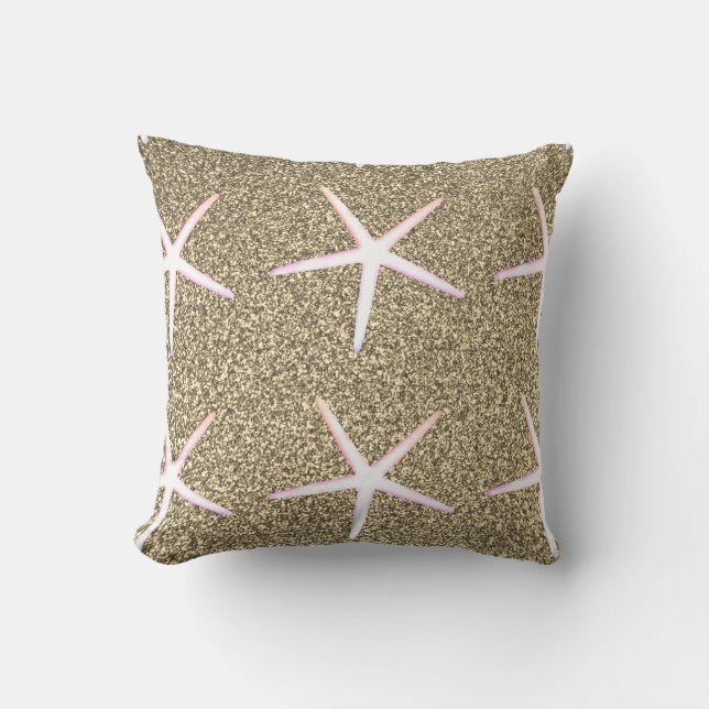 Pink White Starfish Patterns Gold Glitter Nautical Throw Pillow (Front)