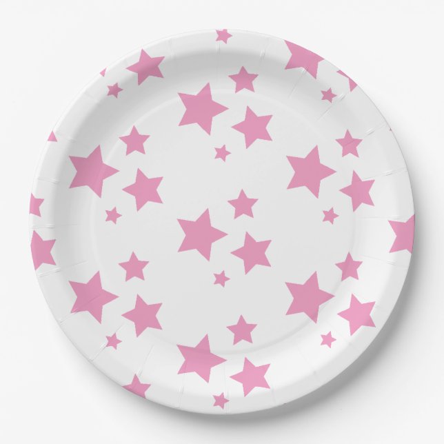 Pink White Stars Kids Baby Circus Party Paper Plates (Front)