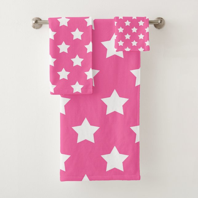 Pink White Stars Pattern Decorative Bath Towel Set (Insitu)