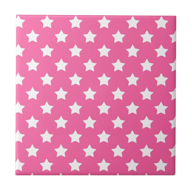 Pink White Stars Pattern Decorative Ceramic Tile (Front)
