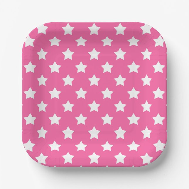 Pink White Stars Pattern Decorative Paper Plates (Front)