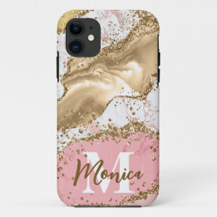 Pink & White Stone and Gold Glitter Agate Monogram iPhone 11 Case