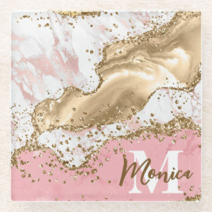 Pink & White Stone and Gold Glitter Agate Monogram Glass Coaster