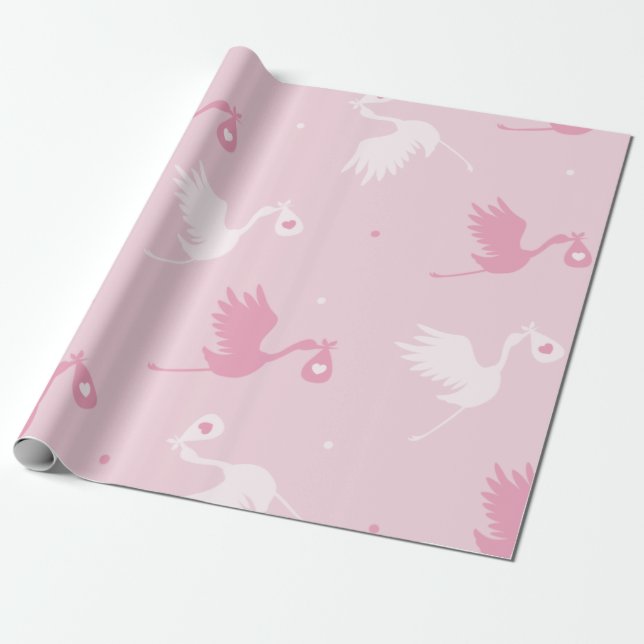 Pink & White Stork Bird Delivery Pattern Dotted Wrapping Paper (Unrolled)
