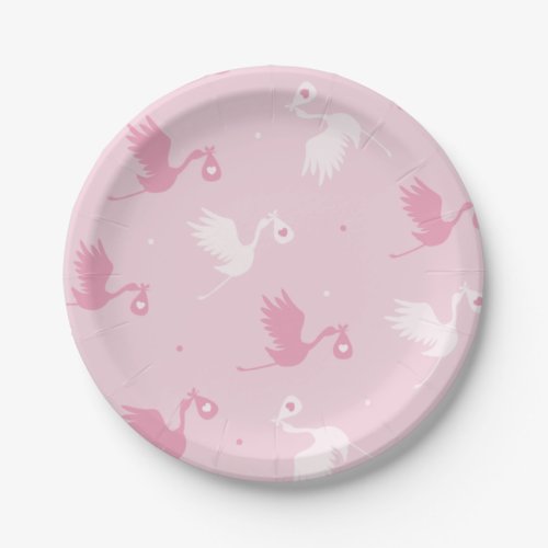 Pink  White Stork Delivery Girl Baby Shower Cute  Paper Plates