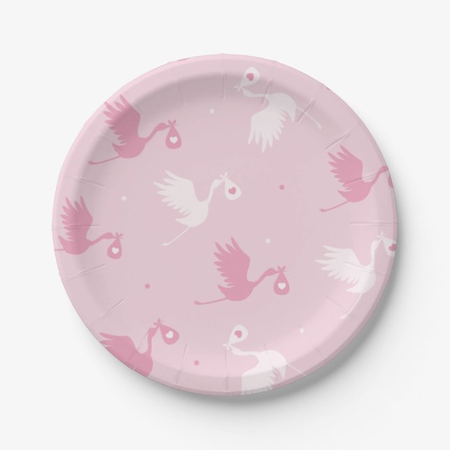 Pink & White Stork Delivery Girl Baby Shower Cute  Paper Plates (Front)