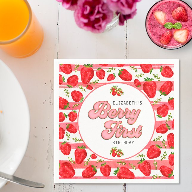 Pink White Strawberry 1st Birthday Berry First Napkins (Creator Uploaded)