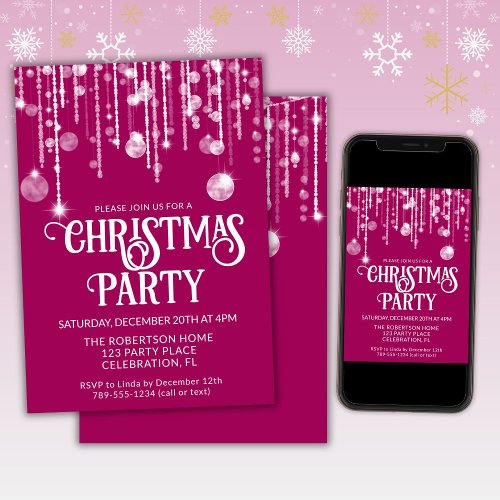 Pink White String Lights Christmas Holiday Party  Invitation